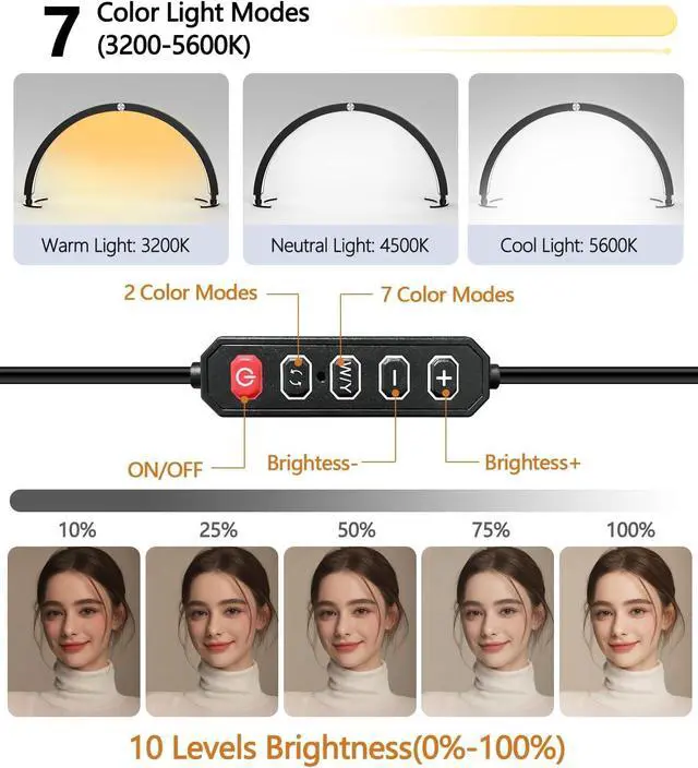 Alt view image 4 of 7 - yAyusi Half Moon Light for Nail Desk with Phone Stand, 29In 40W Nail Tech Light, Nail Table Lamp with Wire Controller & Remote, 7 Color Modes, 10 Brightness for Beauty/Eyelashes/Tattoos/Crafts