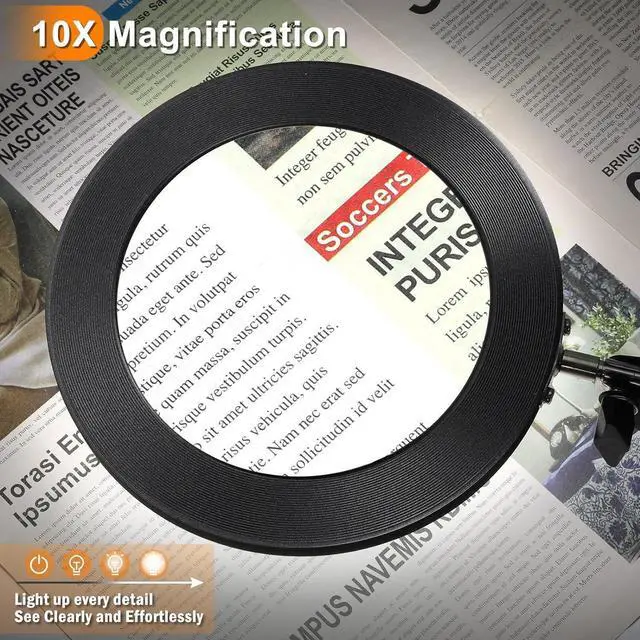 Alt view image 2 of 7 - Large 10X Magnifying Glass with Light, 5 in Real Glass Stand Lighted Magnifier, 3 Color Modes Steepless Dimmable LED Magnifying Desk Lamp with Clamp, Hands Free for Close Work Crafts Hobby
