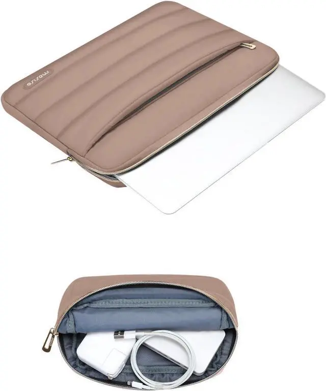 Alt view image 3 of 6 - 13-14 inch Laptop Case 13.3 inch Puffy Laptop Sleeve Compatible with MacBook Air 13 13.6 M3 M2 M1/Pro 13/Pro 14 HP    Polyester Horizontal Bag with Small Case Brown