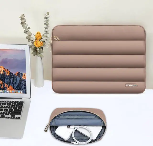 Alt view image 5 of 6 - 13-14 inch Laptop Case 13.3 inch Puffy Laptop Sleeve Compatible with MacBook Air 13 13.6 M3 M2 M1/Pro 13/Pro 14 HP    Polyester Horizontal Bag with Small Case Brown