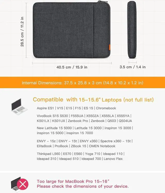 Alt view image 2 of 7 - Inateck 360° Protection 15-15.6 inch Laptop Sleeve case Bag Compatible with 15-15.6 inch laptops/Chromebooks/notebooks, Shockproof Protective - Black Gray