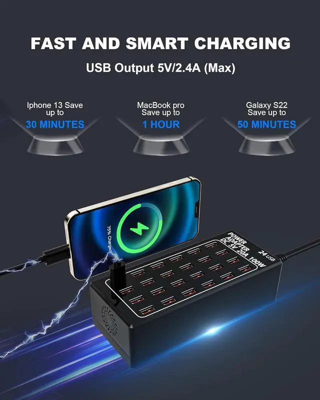Alt view image 3 of 7 - 24-Port 100 watt (20 A) USB Charging Station, Travel Desktop USB Rapid Charger, Multi Ports Fast Charger Station Organizer Compatible with Smartphones, Tables, and More Devices