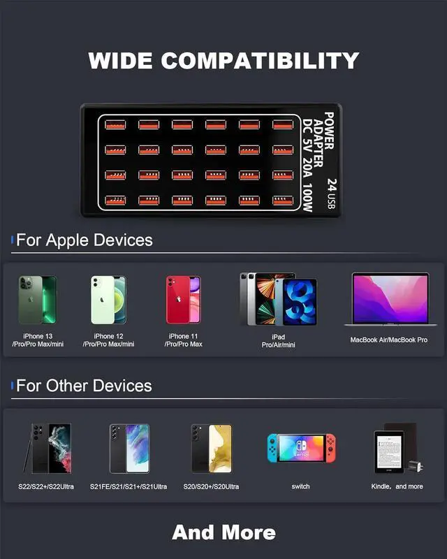 Alt view image 5 of 7 - 24-Port 100 watt (20 A) USB Charging Station, Travel Desktop USB Rapid Charger, Multi Ports Fast Charger Station Organizer Compatible with Smartphones, Tables, and More Devices