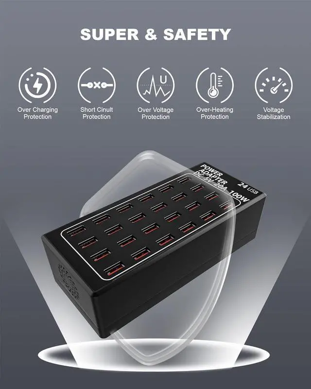 Alt view image 4 of 7 - 24-Port 100 watt (20 A) USB Charging Station, Travel Desktop USB Rapid Charger, Multi Ports Fast Charger Station Organizer Compatible with Smartphones, Tables, and More Devices