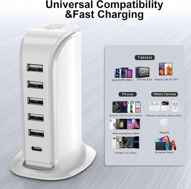 Alt view image 2 of 7 - Charging Station for Multiple Devices Upoy, USB Hub with 5 USB+1 Type C Ports Total 60W, Charging Blocks Fast Charging for Apple//Android Gadgets, Cute Home Office Desk Accessories