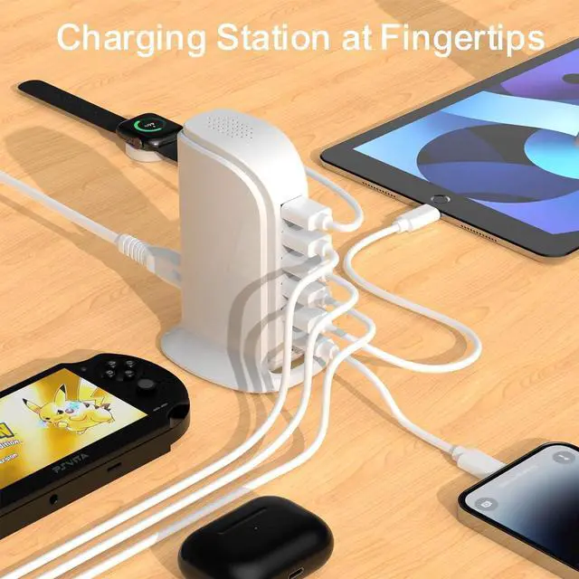 Alt view image 4 of 7 - Charging Station for Multiple Devices Upoy, USB Hub with 5 USB+1 Type C Ports Total 60W, Charging Blocks Fast Charging for Apple//Android Gadgets, Cute Home Office Desk Accessories