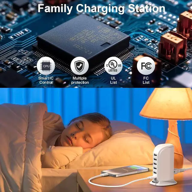 Alt view image 7 of 7 - Charging Station for Multiple Devices Upoy, USB Hub with 5 USB+1 Type C Ports Total 60W, Charging Blocks Fast Charging for Apple//Android Gadgets, Cute Home Office Desk Accessories