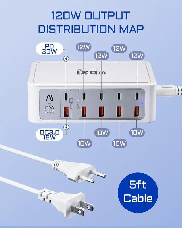 Alt view image 2 of 7 - 10-Ports USB and USB C Charging Station, 120W USB C Power Strip with PD3.0 and QC3.0 Fast Charging, Multiport Charging Hub for iPhone 15/14/13/12, iPad Air/Pro, Galaxy -White