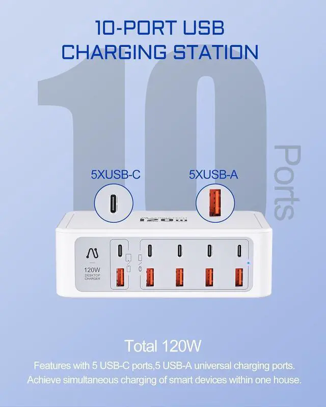 Alt view image 4 of 7 - 10-Ports USB and USB C Charging Station, 120W USB C Power Strip with PD3.0 and QC3.0 Fast Charging, Multiport Charging Hub for iPhone 15/14/13/12, iPad Air/Pro, Galaxy -White