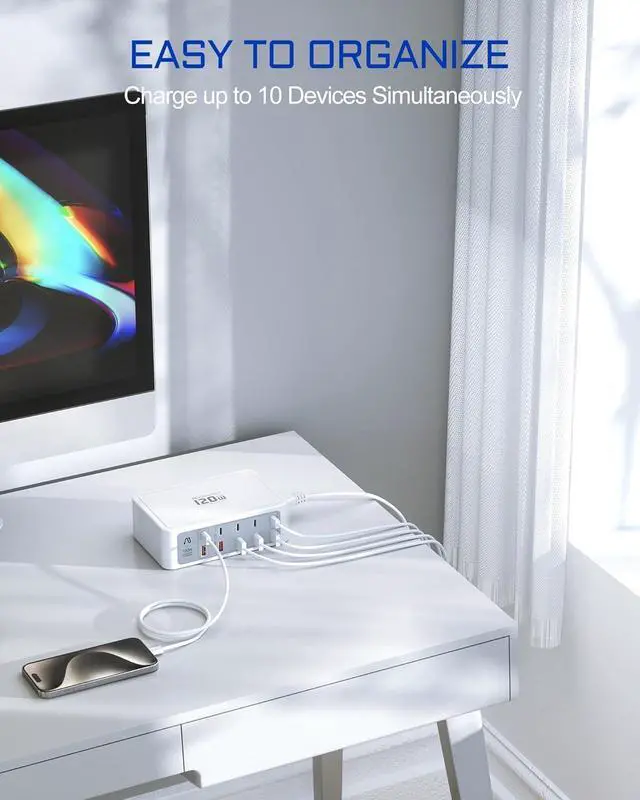 Alt view image 6 of 7 - 10-Ports USB and USB C Charging Station, 120W USB C Power Strip with PD3.0 and QC3.0 Fast Charging, Multiport Charging Hub for iPhone 15/14/13/12, iPad Air/Pro, Galaxy -White