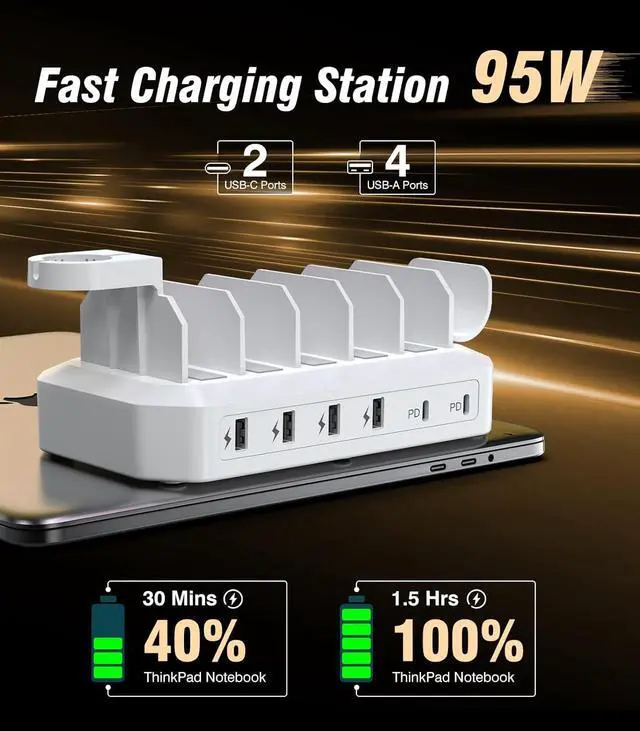 Alt view image 2 of 7 - 95W 6-Port USB Charging Station for Multiple Devices, HSicily 2 PD Ports USB C Fast Charging Dock Compatible with MacBook Phones iPad Kindle Tablets (8 Cables&2 Stands Included)