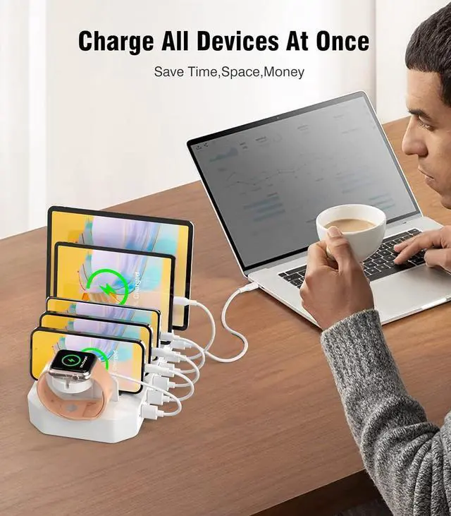 Alt view image 3 of 7 - 95W 6-Port USB Charging Station for Multiple Devices, HSicily 2 PD Ports USB C Fast Charging Dock Compatible with MacBook Phones iPad Kindle Tablets (8 Cables&2 Stands Included)