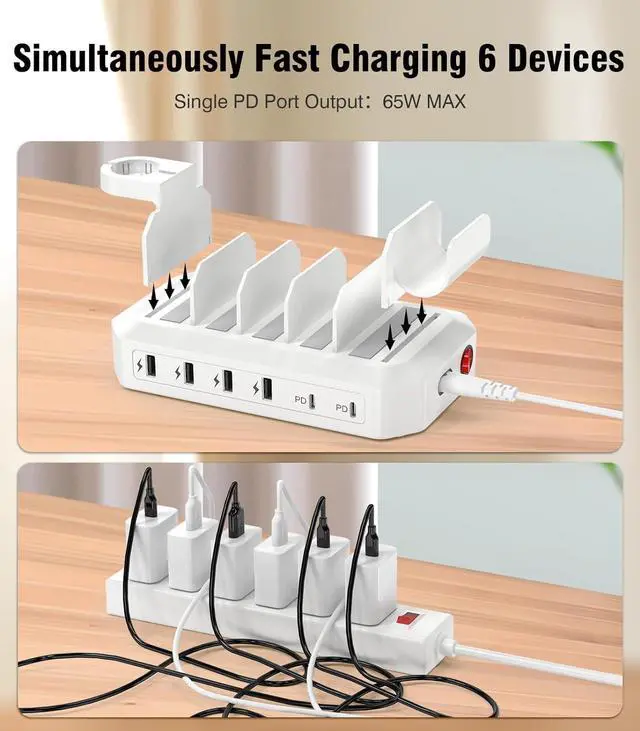 Alt view image 4 of 7 - 95W 6-Port USB Charging Station for Multiple Devices, HSicily 2 PD Ports USB C Fast Charging Dock Compatible with MacBook Phones iPad Kindle Tablets (8 Cables&2 Stands Included)
