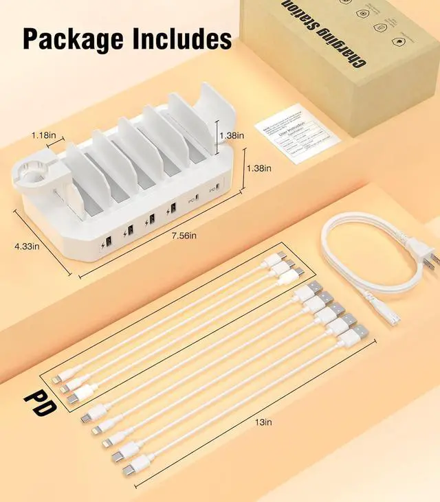 Alt view image 7 of 7 - 95W 6-Port USB Charging Station for Multiple Devices, HSicily 2 PD Ports USB C Fast Charging Dock Compatible with MacBook Phones iPad Kindle Tablets (8 Cables&2 Stands Included)
