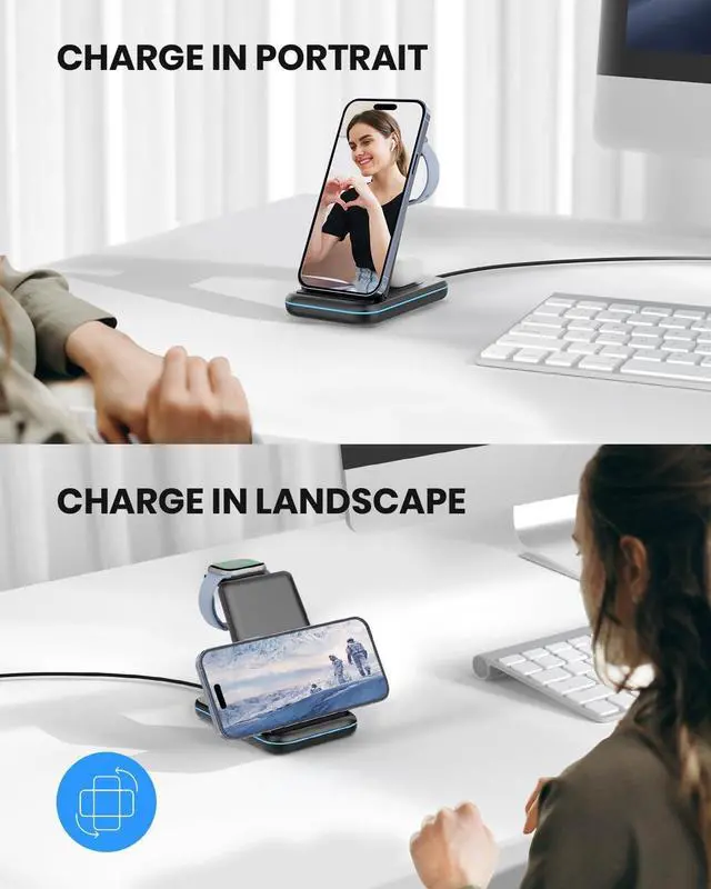 Alt view image 2 of 6 - Wireless Charging Stand, GEEKERA 3 in 1 Wireless Charger Dock Station for iPhone 15 14 13 12 11 Pro Max Plus XR XS 8 Plus, Apple Watch Ultra/9/SE/8/7/6/5/4/3/2, AirPods Pro/3