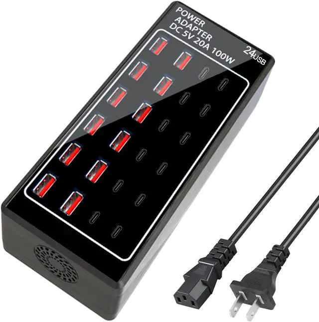 Main image of USB Charger, USB C Charger Block, 100W (20A) 24 Port Multiple USB Charger Station Desktop USB Wall Charger 12 USB C 12 USB A Compatible for Apple iPhone, iPad,  Galaxy, Laptop, Pixel, Phones