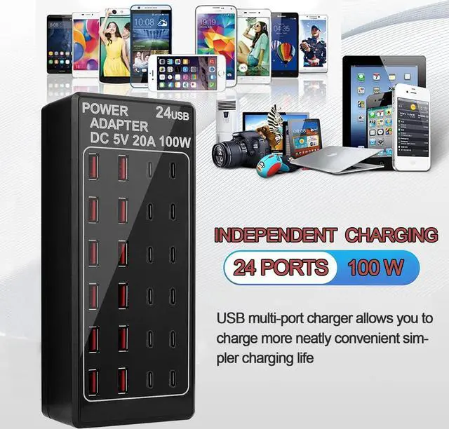 Alt view image 2 of 7 - USB Charger, USB C Charger Block, 100W (20A) 24 Port Multiple USB Charger Station Desktop USB Wall Charger 12 USB C 12 USB A Compatible for Apple iPhone, iPad,  Galaxy, Laptop, Pixel, Phones