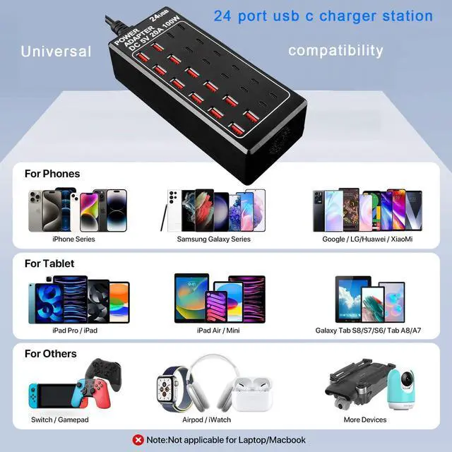 Alt view image 3 of 7 - USB Charger, USB C Charger Block, 100W (20A) 24 Port Multiple USB Charger Station Desktop USB Wall Charger 12 USB C 12 USB A Compatible for Apple iPhone, iPad,  Galaxy, Laptop, Pixel, Phones