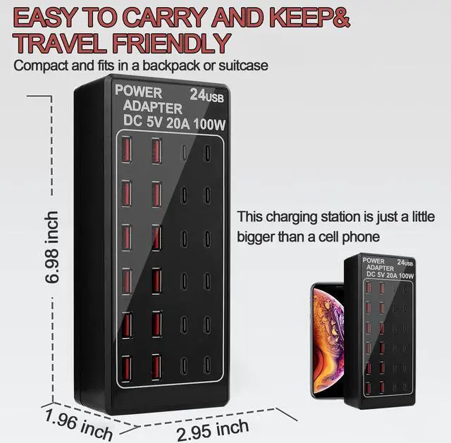 Alt view image 4 of 7 - USB Charger, USB C Charger Block, 100W (20A) 24 Port Multiple USB Charger Station Desktop USB Wall Charger 12 USB C 12 USB A Compatible for Apple iPhone, iPad,  Galaxy, Laptop, Pixel, Phones