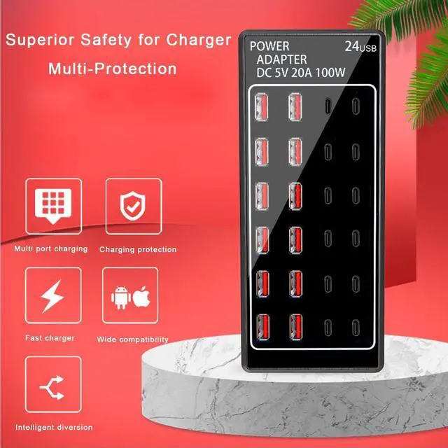 Alt view image 5 of 7 - USB Charger, USB C Charger Block, 100W (20A) 24 Port Multiple USB Charger Station Desktop USB Wall Charger 12 USB C 12 USB A Compatible for Apple iPhone, iPad,  Galaxy, Laptop, Pixel, Phones
