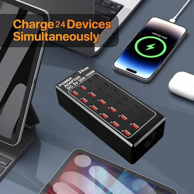 Alt view image 7 of 7 - USB Charger, USB C Charger Block, 100W (20A) 24 Port Multiple USB Charger Station Desktop USB Wall Charger 12 USB C 12 USB A Compatible for Apple iPhone, iPad,  Galaxy, Laptop, Pixel, Phones