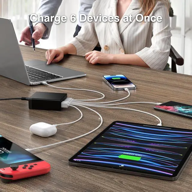 Alt view image 6 of 7 - 165W USB C Fast Charger GaN Compact 6 Port PD USB C Charging Station Block Hub Plug Laptop Power Adapter Compatible with MacBook Pro/Air iPad Pro iPhone 15 14 13 12 11 Galaxy Note S23 Pixel Steam Deck