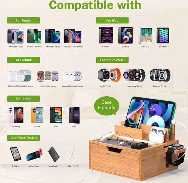 Alt view image 3 of 7 - Pezin & Hulin Bamboo Charging Station for Multi Device, With Power Charger & Cables, Nightstand Docking Station with Lined Tray & Drawer, Compatible with Tablet, Cell Phones