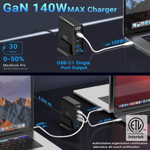 Alt view image 3 of 7 - 140W USB C Charging Station with Display, 5-Port GaN USB C Charger Block, Max 100W USB Hub Laptop Charger Compatible with MacBook Pro/Air,iPhone 15/14/13/Mini/Pro/Pro Max/ Galaxy Note