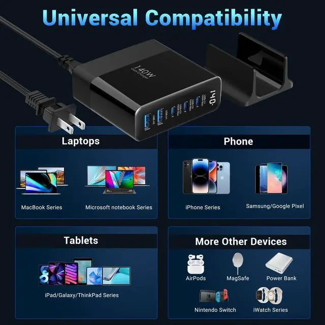 Alt view image 4 of 7 - 140W USB C Charging Station with Display, 5-Port GaN USB C Charger Block, Max 100W USB Hub Laptop Charger Compatible with MacBook Pro/Air,iPhone 15/14/13/Mini/Pro/Pro Max/ Galaxy Note
