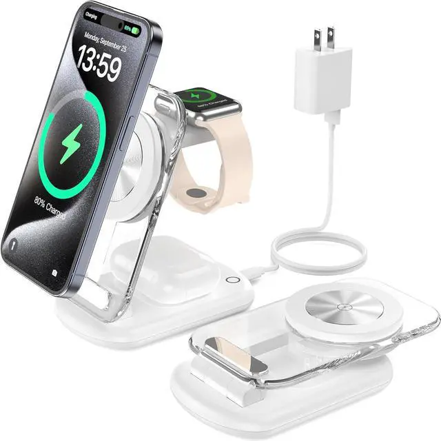 Main image of 3 in 1 Wireless Charging Station for Mag-Safe, Foldable Adjustable Magnetic Wireless Charger, Travel Mag-Safe Charger Stand with Light for iPhone 15/14/13/12 Series, AirPods 3/2/Pro, Apple Watch