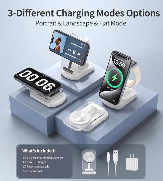 Alt view image 4 of 7 - 3 in 1 Wireless Charging Station for Mag-Safe, Foldable Adjustable Magnetic Wireless Charger, Travel Mag-Safe Charger Stand with Light for iPhone 15/14/13/12 Series, AirPods 3/2/Pro, Apple Watch