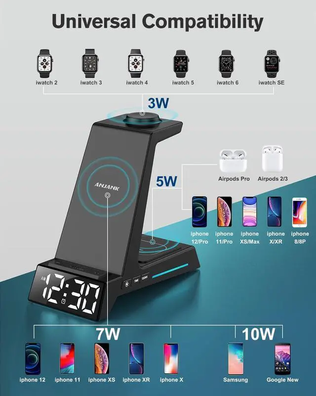 Alt view image 5 of 7 - Wireless Charging Station - 4 in 1 Wireless Charger with Alarm Clock, Charging Stand Dock for iPhone 15/14/13/12/11/Pro/Max/XR/XS/X/ Phone, for AirPods Pro/3/2, Apple Watch 9/8/7/6/5/SE/4/3/2