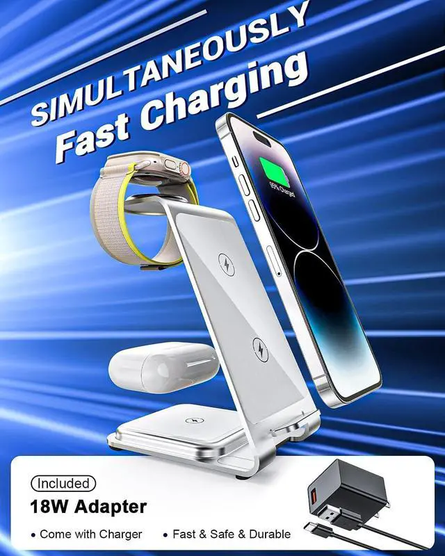 Alt view image 2 of 7 - 3 in 1 Wireless Charger,Fast Wireless Charging Station for iPhone 15/14/13/12/11 Pro Max/X/Xs Max,Aluminum Alloy Charger Stand for iWatch 9/8/7/6/SE/5/4/3/2,AirPods Pro 2/Pro/3/2(Silver)