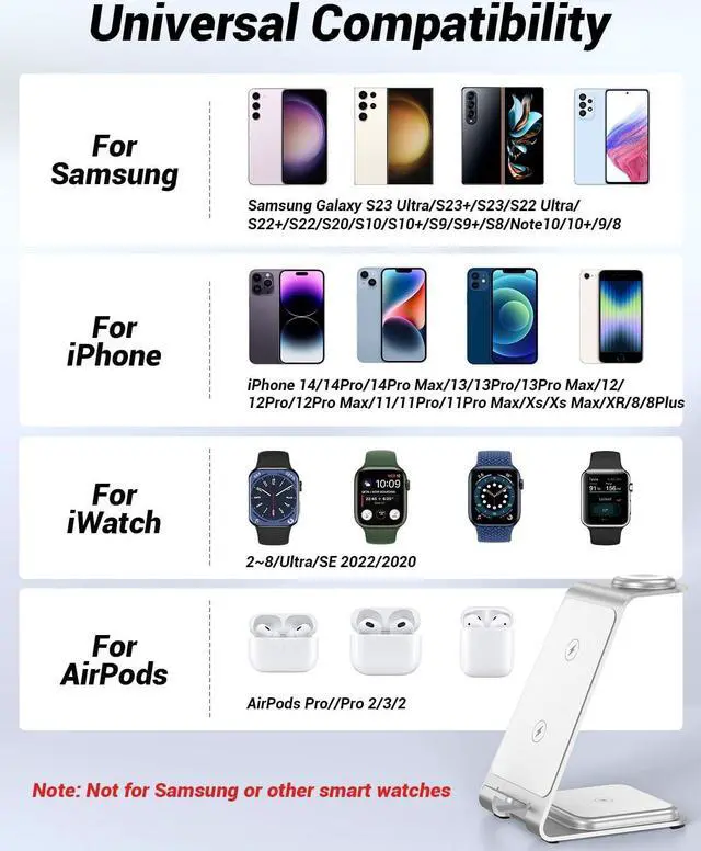 Alt view image 3 of 7 - 3 in 1 Wireless Charger,Fast Wireless Charging Station for iPhone 15/14/13/12/11 Pro Max/X/Xs Max,Aluminum Alloy Charger Stand for iWatch 9/8/7/6/SE/5/4/3/2,AirPods Pro 2/Pro/3/2(Silver)