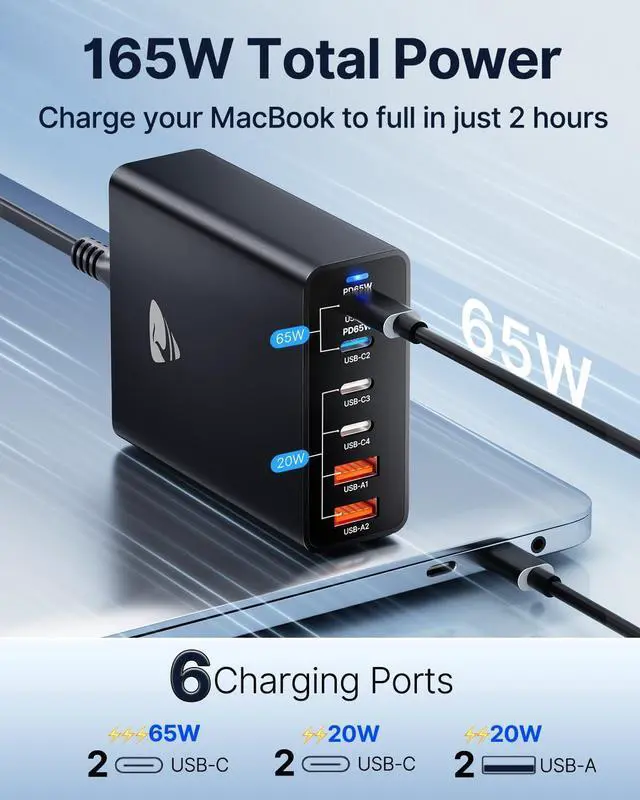 Alt view image 2 of 6 - USB C Charger Block, 165W GaN 6 Port USB C Fast Charging Station Hub Block Wall Charger Power Strip Adapter Plug Cube for iPad iPhone 16 15 14 13 12 11 Pro Max Pixel Note Galaxy MacBook Air