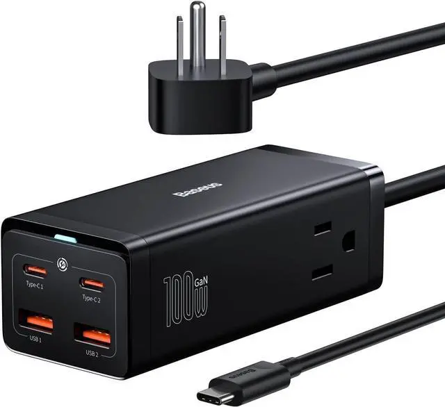 Main image of Baseus USB C Charger PowerCombo 100W - 6 in 1 Travel Power Strip USB C Desk Charging Station with 2AC Outlets, Fast Charging Extension Cord for Laptops iPhone  iPad (100W Type C Cable Included)