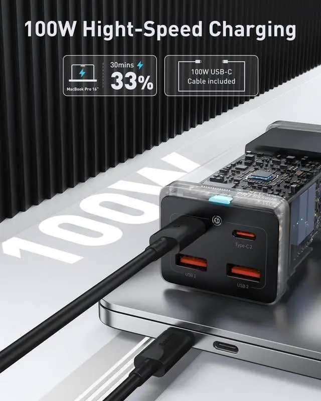 Alt view image 2 of 7 - Baseus USB C Charger PowerCombo 100W - 6 in 1 Travel Power Strip USB C Desk Charging Station with 2AC Outlets, Fast Charging Extension Cord for Laptops iPhone  iPad (100W Type C Cable Included)