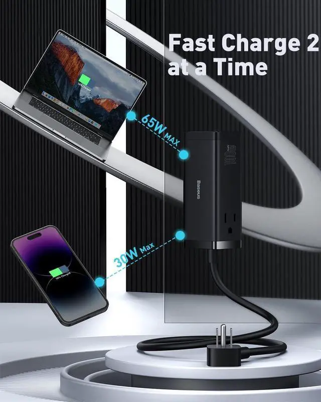 Alt view image 4 of 7 - Baseus USB C Charger PowerCombo 100W - 6 in 1 Travel Power Strip USB C Desk Charging Station with 2AC Outlets, Fast Charging Extension Cord for Laptops iPhone  iPad (100W Type C Cable Included)