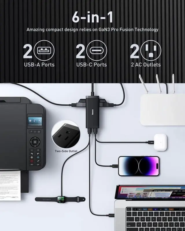 Alt view image 3 of 7 - Baseus USB C Charger PowerCombo 100W - 6 in 1 Travel Power Strip USB C Desk Charging Station with 2AC Outlets, Fast Charging Extension Cord for Laptops iPhone  iPad (100W Type C Cable Included)