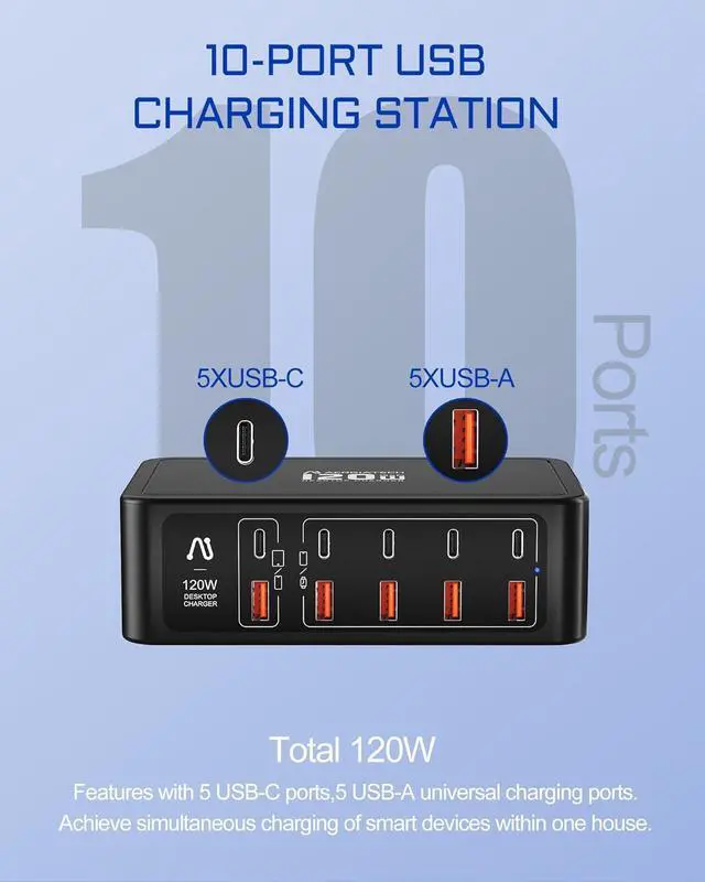 Alt view image 4 of 7 - 10-Ports USB C Charging Station, 120W Travel USB Power Strip with EU European Plug and US Plug, Multiport Charging Hub for iPhone 15/14/13/12, iPad Air/Pro, Galaxy -Black
