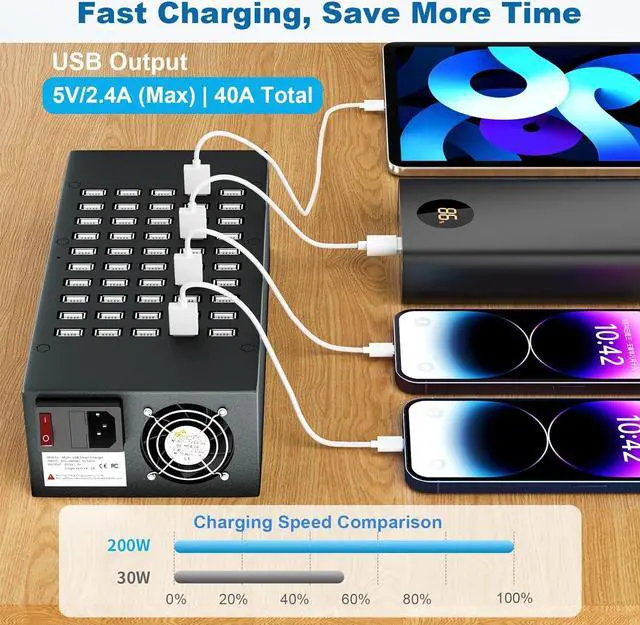 Alt view image 3 of 7 - 50 Port 200 Watt (40A) USB Charging Station, USB Fast Charger with Intelligent Protection, Multiple USB Desktop Chargers, Suitable for Hotels, Shops, Schools, Shopping malls