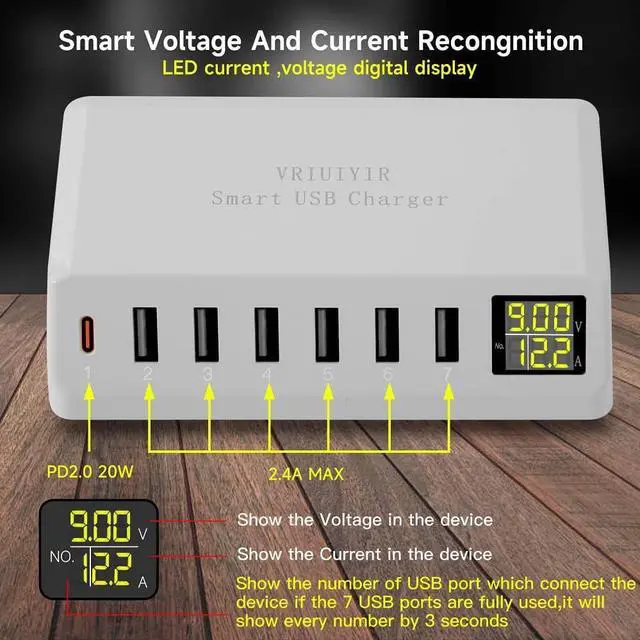 Alt view image 2 of 7 - USB Charging Station, 60W/12A 7-Port USB Charger Station with LED Display for Multiple Devices PD20W USB C Charger for All iPad iPhone14/13/12 Pixel Galaxy Tablet Headphones and More (White)