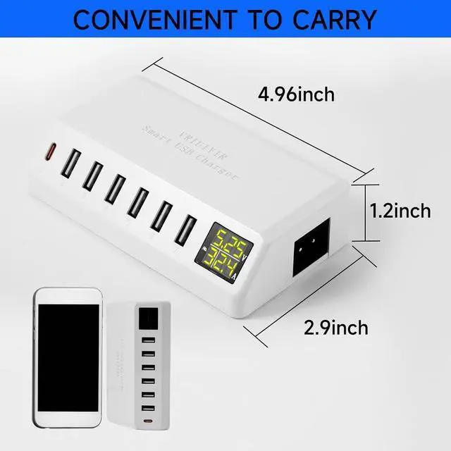 Alt view image 3 of 7 - USB Charging Station, 60W/12A 7-Port USB Charger Station with LED Display for Multiple Devices PD20W USB C Charger for All iPad iPhone14/13/12 Pixel Galaxy Tablet Headphones and More (White)