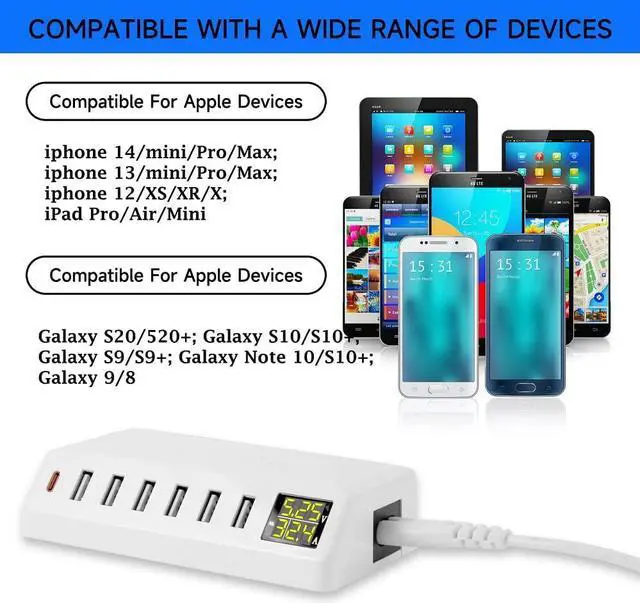 Alt view image 5 of 7 - USB Charging Station, 60W/12A 7-Port USB Charger Station with LED Display for Multiple Devices PD20W USB C Charger for All iPad iPhone14/13/12 Pixel Galaxy Tablet Headphones and More (White)