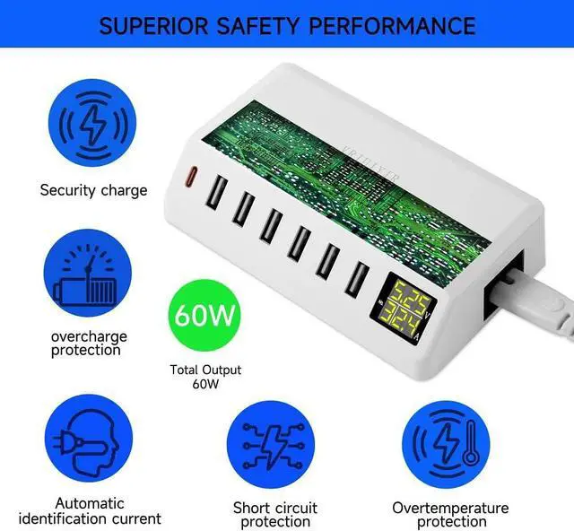 Alt view image 6 of 7 - USB Charging Station, 60W/12A 7-Port USB Charger Station with LED Display for Multiple Devices PD20W USB C Charger for All iPad iPhone14/13/12 Pixel Galaxy Tablet Headphones and More (White)