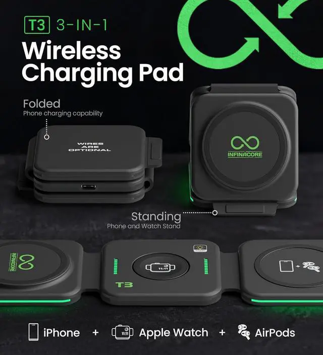 Alt view image 2 of 7 - InfinaCore 3-in-1 Charging Station for Apple Devices - Travel Essentials- Magnetic Wireless Travel Charger - Foldable Charging Pad for Magsafe iPhone 16 15 14 13 12 Pro Max/Plus, AirPods & Apple Watch