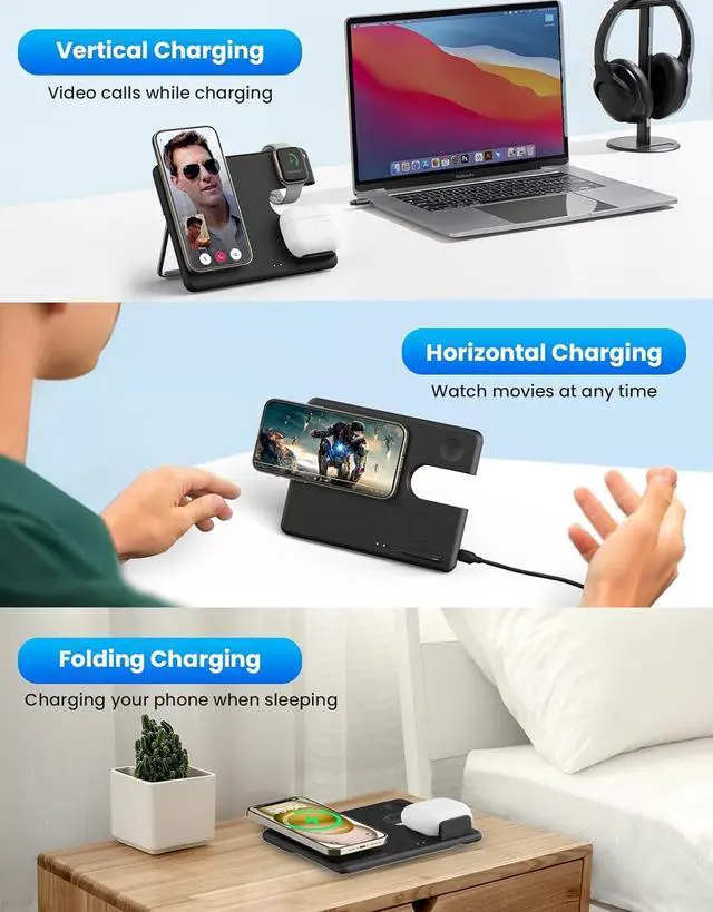 Alt view image 3 of 7 - JoyGeek 3 in 1 Wireless Charging Station for MagSafe, Foldable Travel Charging Stand/Pad for iPhone 15/14/13/12 Series, Magnetic Charging Dock for Apple Watch Ultra 2/9/8/7/6/SE/5/4/3,AirPods Pro/3/2