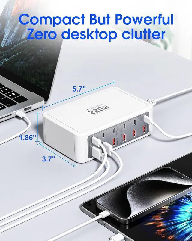Alt view image 6 of 7 - 12-Ports Multiple USB C Fast Charging Station, 220W GaN Charger Hub with European Travel Plug, PD 65W Laptop Charger for MacBook iPad iPhone Google Pixelbook Dell XPS Galaxy Steam Deck - White