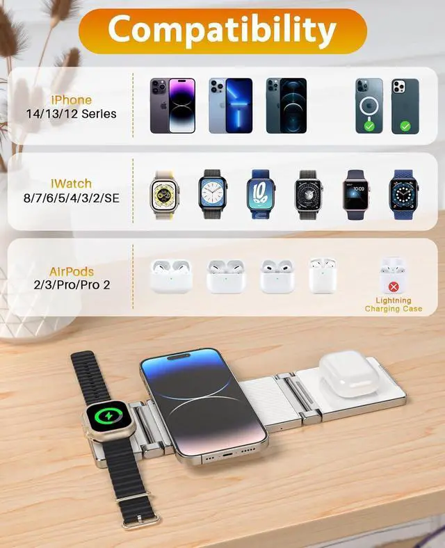 Alt view image 2 of 7 - Mag-Safe Charger Stand iPhone and Watch Charging Station for Apple Devices, Magnetic 3 in 1 Foldable Travel Charging Dock for Airpods and iPhone 15/14/13/12 Max/Pro/Mini