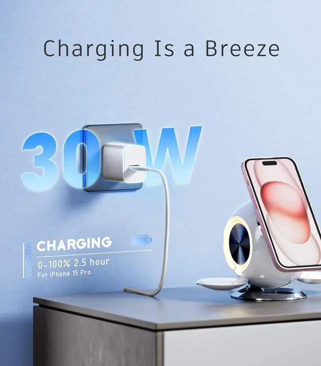 Alt view image 3 of 7 - Venus 3 in 1 Mag-Safe Charger Stand, PEXXUS Magnetic Wireless Charging Station for Apple MagSafe Charger (30W Adapter) Compatible for iPhone 15,14,13,12 Pro Max,Apple Watch Series 1-9/Ultra,AirPods